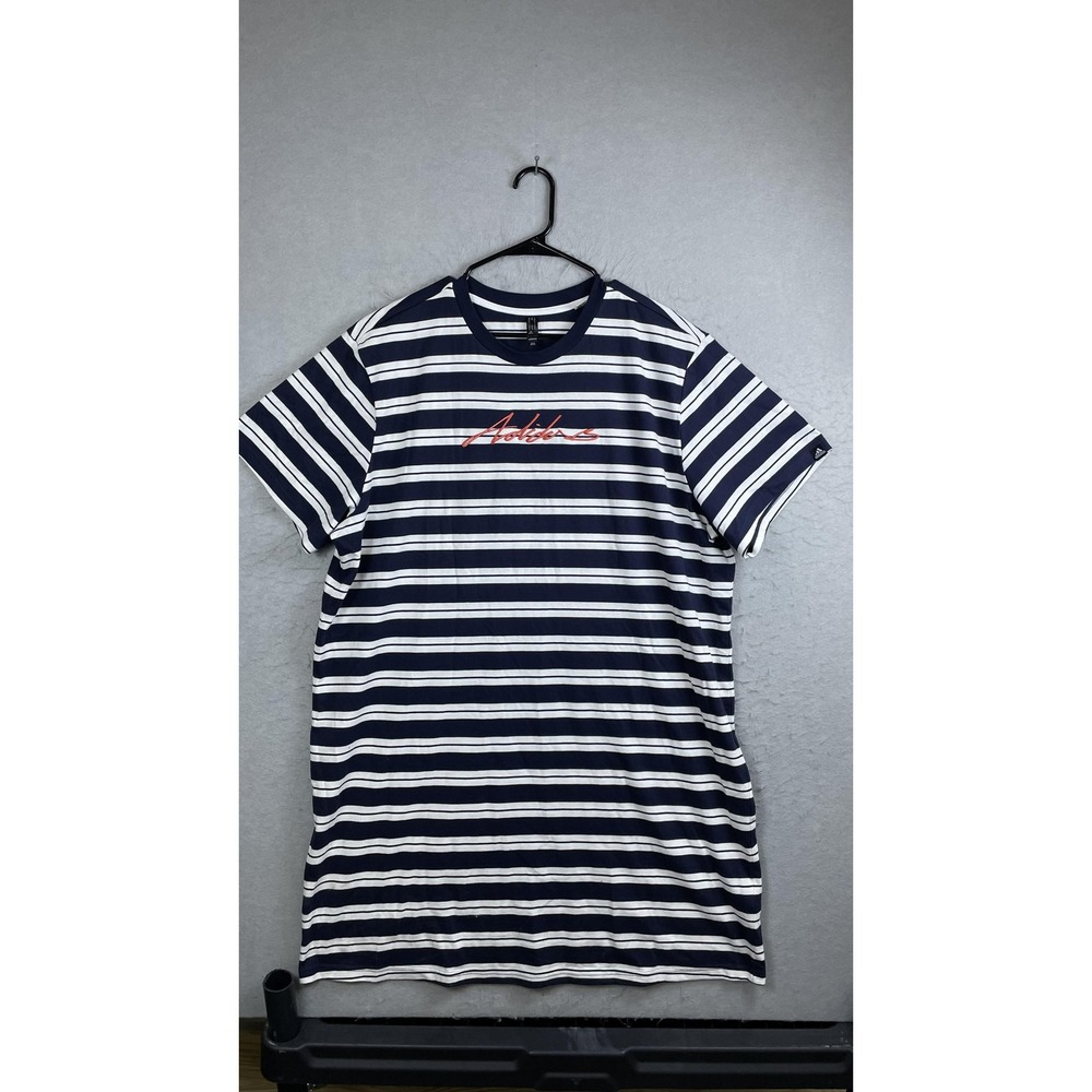 Adidas Shirt Mens 2XL Navy White Striped Crewneck Embroidered Script Tee Graphic